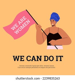 Women rights, femininity and diversity, independence and equality concept poster or banner mockup flat vector illustration. Equality of race and gender.