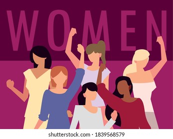 women rights feminist, female group hands up characters vector illustration