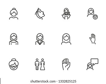 Women rights line icon set. Girl, woman, pair. Sociality concept. Vector illustration can be used for topics like human rights, social, girl power