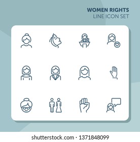 Women rights line icon set. Girl, woman, pair. Sociality concept. Vector illustration can be used for topics like human rights, social, girl power