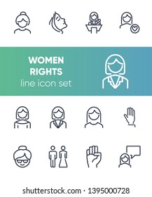 Women rights line icon set. Girl, woman, pair. Sociality concept. Vector illustration can be used for topics like human rights, social, girl power