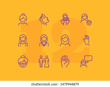 Women rights line icon set. Girl, woman, pair. Sociality concept. Vector illustration can be used for topics like human rights, social, girl power