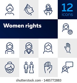 Women rights line icon set. Girl, woman, pair. Sociality concept. Vector illustration can be used for topics like human rights, social, girl power