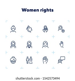 Women rights line icon set. Girl, woman, pair. Sociality concept. Vector illustration can be used for topics like human rights, social, girl power