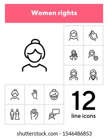 Women rights line icon set. Girl, woman, pair. Sociality concept. Vector illustration can be used for topics like human rights, social, girl power