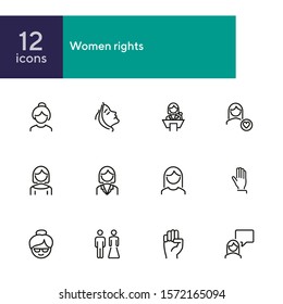 Women rights line icon set. Girl, woman, pair. Sociality concept. Vector illustration can be used for topics like human rights, social, girl power