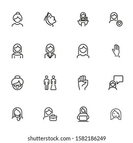 Women rights line icon set. Girl, woman, pair. Sociality concept. Vector illustration can be used for topics like human rights, social, girl power