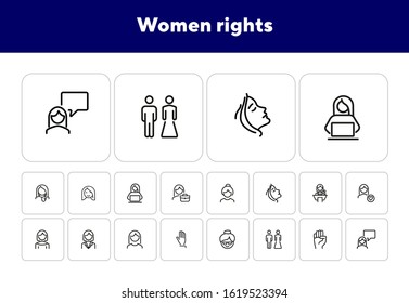 Women rights line icon set. Girl, woman, pair. Sociality concept. Vector illustration can be used for topics like human rights, social, girl power
