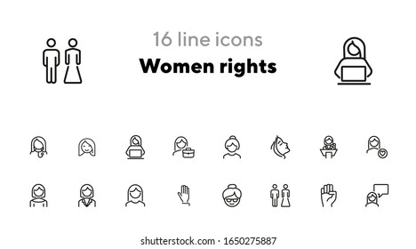 Women rights line icon set. Girl, woman, pair. Sociality concept. Vector illustration can be used for topics like human rights, social, girl power