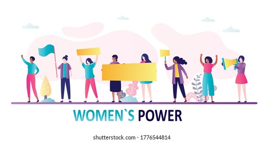Women rights protest. Girl Power movement concept. Crowd of multiracial women standing with signboards, placards and fists raised. Flat cartoon horizontal banner. Trendy Vector Illustration