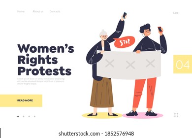 Women rights protest landing page with females holding political banners, activists with strike manifestation signs. Feminism activists demonstration concept. Flat vector illustration