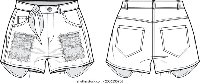 Women ripped denim short pant jeans front and back view flat sketch vector illustration