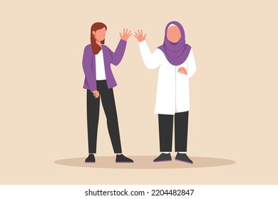 Women rise up hand after a long time meeting and having a different shirt but one of them wearing a hijab. Diversity concept. Flat vector illustration isolated. 
