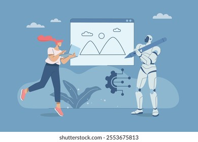 Women and robots collaborate to create modern art, Humans and AI draw together, Promoting new ideas and developing new innovations, Using AI to generate create art, Flat vector design illustration.

