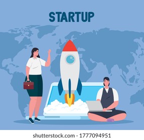 women with rocket in laptop design, Start up plan idea strategy and marketing theme Vector illustration