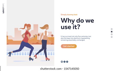 Women rollerskating near river. Sport, leisure, active lifestyle flat vector illustration. Outdoor activities concept for banner, website design, landing web page