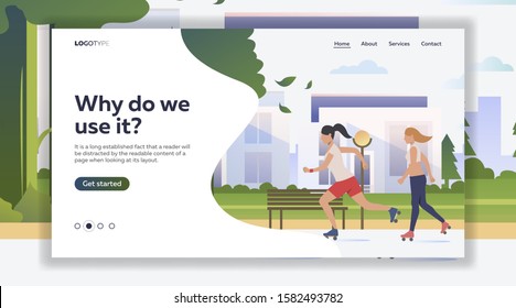 Women roller-skating in open air. Weekend, entertainment. Leisure concept for banner, website design or landing web page