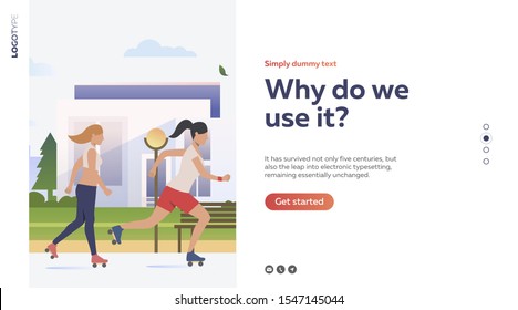 Women rollerskating in park. Sport, leisure, active lifestyle flat vector illustration. Outdoor activities concept for banner, website design, landing web page
