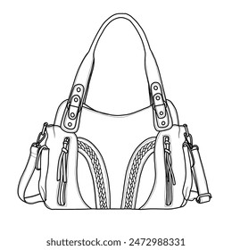 Women Roomy Handbags with Cross body Strap Line art, outline vector doodle illustration front view, isolated on white background