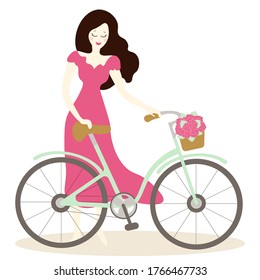 women in rose dress and bicycle