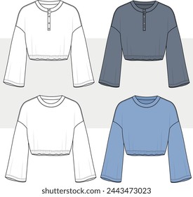 Mujeres cuello henley redondo con mangas de campana sudaderas conjunto dibujo técnico plano boceto vector ilustración de moda. 