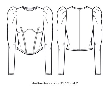 Women round neck Blouse fashion flat technical drawing template. Corset Blouse with balloon sleeves fashion CAD, front, back view, white.