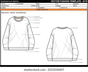 WOMEN ROUND NECK OVERSIZE SWEATSHIRT TEE FLAT SKETCH FASHION TEMPLATE TECHNICAL ILLUSTRATION