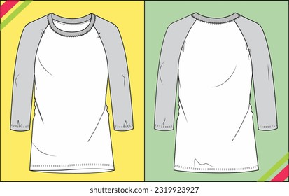 WOMEN ROUND NECK RAGLAN THREE FOURTH SLEEVE FLAT SKETCH FASHION TEMPLATE TECHNICAL ILLUSTRATION