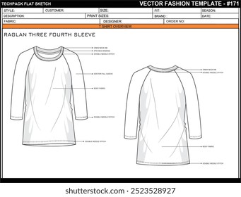 WOMEN ROUND NECK RAGLAN THREE FOURTH SLEEVE FLAT SKETCH FASHION TEMPLATE TECHNICAL ILLUSTRATION