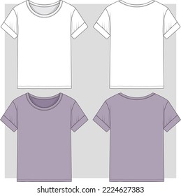 Women Round neck roll up sleeve t shirt flat sketch