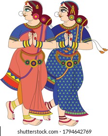 women from royal families drawn in Madhubani Kalamkari style for textile printing, India. It can be used for a coloring book, textile/ fabric prints, phone case, greeting card. logo, calendar