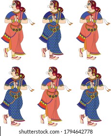 women from royal families drawn in Madhubani Kalamkari style for textile printing, India. It can be used for a coloring book, textile/ fabric prints, phone case, greeting card. logo, calendar