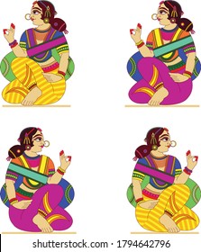 women from royal families drawn in Madhubani Kalamkari style for textile printing, India. It can be used for a coloring book, textile/ fabric prints, phone case, greeting card. logo, calendar