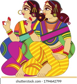 women from royal families drawn in Madhubani Kalamkari style for textile printing, India. It can be used for a coloring book, textile/ fabric prints, phone case, greeting card. logo, calendar