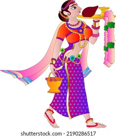 women from royal families, heading to temple for puja drawn in Madhubani Kalamkari style for textile printing, India. It can be used for a coloring book, fabric prints, phone cases, or greetings