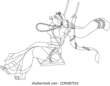 women from royal families, on the swing, drawn in Madhubani Kalamkari style for textile printing, India. It can be used for coloring books, textile fabric prints, phone cases, or greeting cards.
