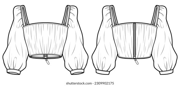 Dibujo de la ilustración de la moda de dibujo plano con vista frontal y trasera de la blusa superior de la parte superior del parachoques de la parte superior del parachoques de la parte superior del parachoques de las mujeres. plantilla de vectores de dibujo de cad de blusa superior de tracción de manga larga de trineo