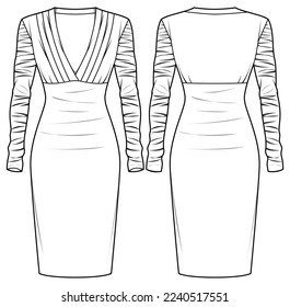 Women ruched sleeve  bodycon dress design flat sketch fashion illustration drawing with front and back view. Ladies column  bandage evening wear. deep v neck tight dress drawing vector template