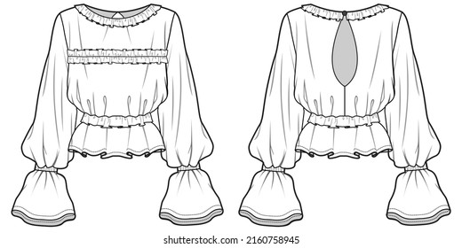 women ruffle blouse, puff long sleeve top with ruffle collar fashion flat sketch vector illustration front and back apparel template. cad mockup.