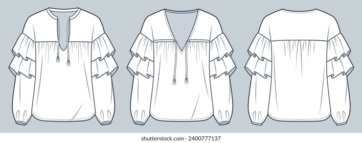 Women Ruffle Blouse technische Mode Illustration. Böhmische Krawatte Blouse Mode flache technische Zeichnung Vorlage, v-Nacken, Ballon lange Ärmel, Front-und Rückansicht, weiß, Frauen Top CAD-Modell-Set.
