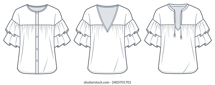 Women Ruffle Blouse technical fashion Illustration. Set of Blouses fashion flat technical drawing template, v-neck, round neck, frill short sleeve, front view, white, women Top CAD mockup set.
