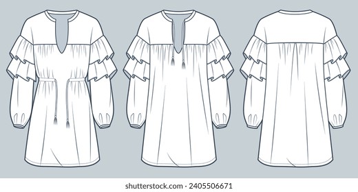 Women Ruffle Dress technical fashion Illustration. Bohemian tie Dress fashion flat technical drawing template, v-neck, mini length, balloon sleeve, front, back view, white, women Dress CAD mockup set.