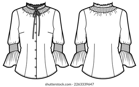 Women ruffle neck shirred shirt blouse top design flat sketch fashion illustration with front and back view. Flounce sleeve smocking detail shirt blouse top cad drawing vector template