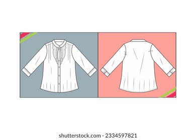 WOMEN RUFFLE NECK SHIRT SKETCH PATTERN FASHION TEMPLATE TECHNICAL DRAWING ILLUSTRATION