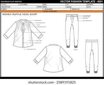 WOMEN RUFFLE NECK SHIRT SKETCH PATTERN FASHION TEMPLATE TECHNICAL DRAWING ILLUSTRATION