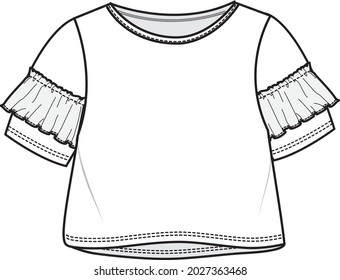 women ruffle sleeve crew neck crop top flat sketch vector illustration
