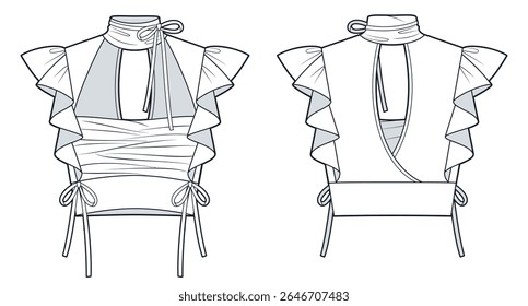 Women Ruffle Sleeve Halter Crop Top Technical Fashion Illustration. Cutout Blouse fashion flat technical drawing template, front and back view, tie, white, women CAD mockup.
