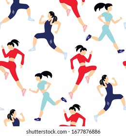 Women run, sport, fashion vector seamless pattern on white background. Concept for wallpaper, wrapping paper, cards 