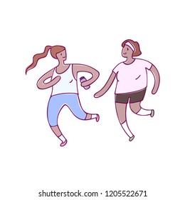 Women runing together. Body positive characters of different nationalities on white background. Flat illustration with Isolated elements. Modern vector illustration perfect for articles and cards