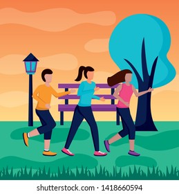 women running activity in the park vector illustration